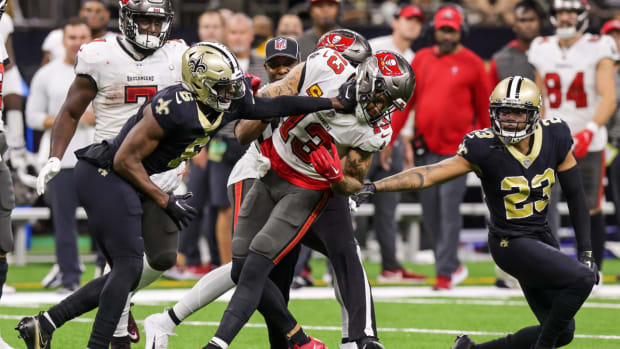 Sep 18, 2022; New Orleans, Louisiana, USA; New Orleans Saints cornerback Marshon Lattimore (23) and safety Marcus Maye (6) get into a penalty with Tampa Bay Buccaneers wide receiver Mike Evans (13) and they are ejected after the play during the second half at Caesars Superdome. Mandatory Credit: Stephen Lew-USA TODAY Sports